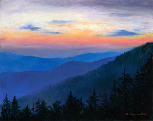 Twilight falls on ancient mountains in this Smokies landscape, depicted in oil. 