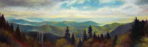 A Smokies landscape of the panoramic view from Clingmans Dome, painted in oils.