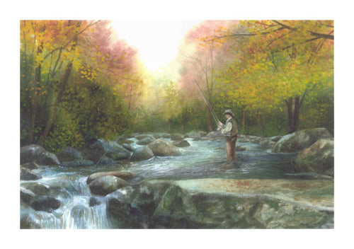 Fly fishing on the Middle Prong of the Little Pigeon River near Greenbrier. Watercolor.