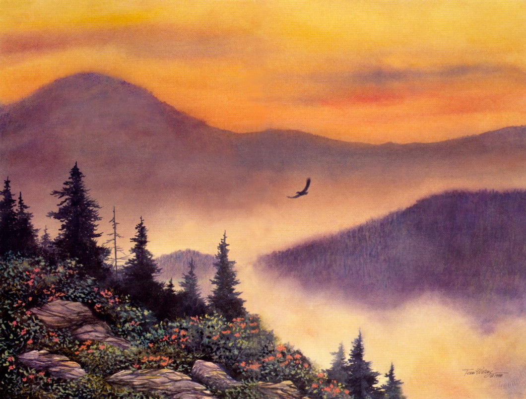 Above the mist - watercolor. A Smokies summer landscape on the road to Clingmans Dome in the Smoky Mountains National Park. 