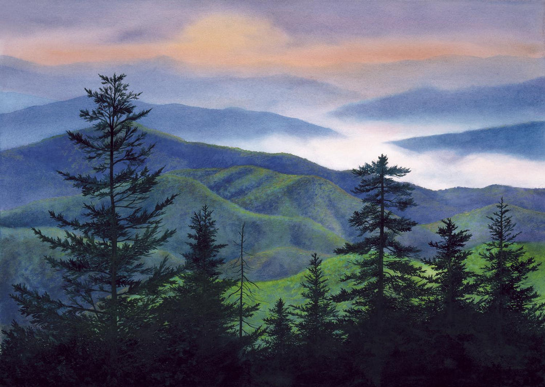Ancient forest - watercolor. The ancient forests of the Great Smoky Mountains flow from near to distant blue mountains, and into the horizon.  