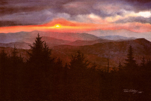 A watercolor landscape of the breathtaking view from high atop Clingmans Dome in the Great Smoky Mountains National Park. 