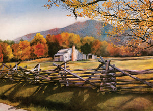 A Smokies landscape depicting the historic Dan Lawson cabin in Cades Cove. Watercolor.