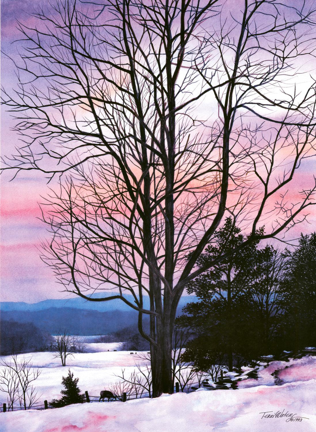 A Smokies winter landscape in Cades Cove at twilight. Watercolor.