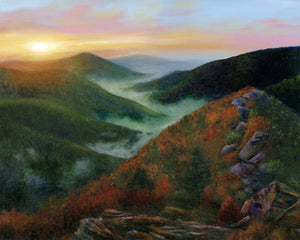 A Smoky Mountain landscape painting of the Chimney Tops at dusk in late summer.