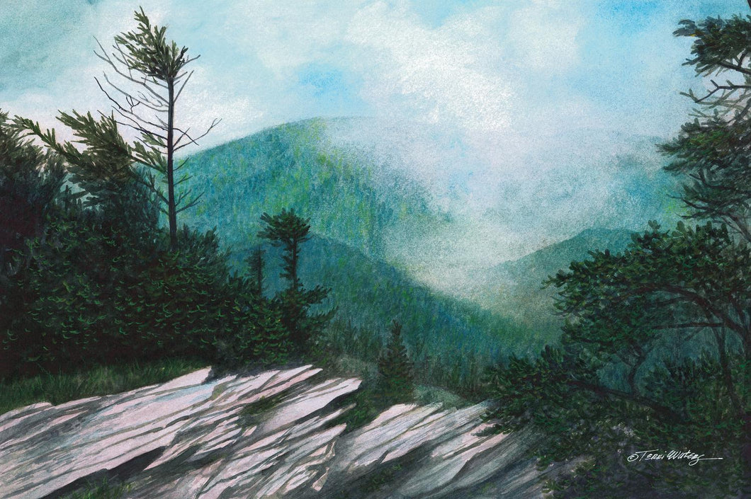 A Smoky Mountain landscape painting of the view from Cliff Tops on an early summer day. Watercolor.
