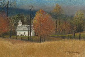 A watercolor of a country church in Cades Cove in the Smoky Mountains.