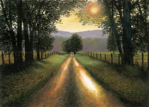 Watercolor scene from Cades Cove in the Smoky Mountains.