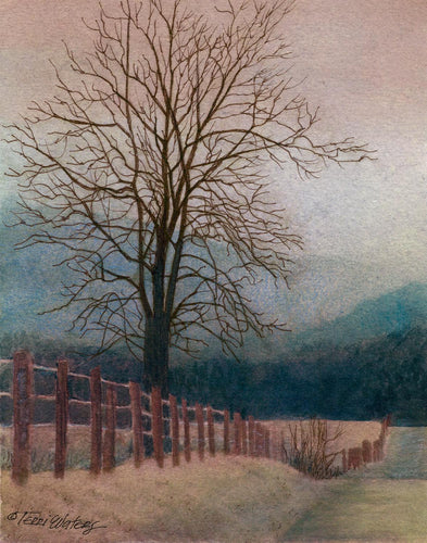 A watercolor Smokies landscape of a misty winter morning in the valley of Cades Cove.