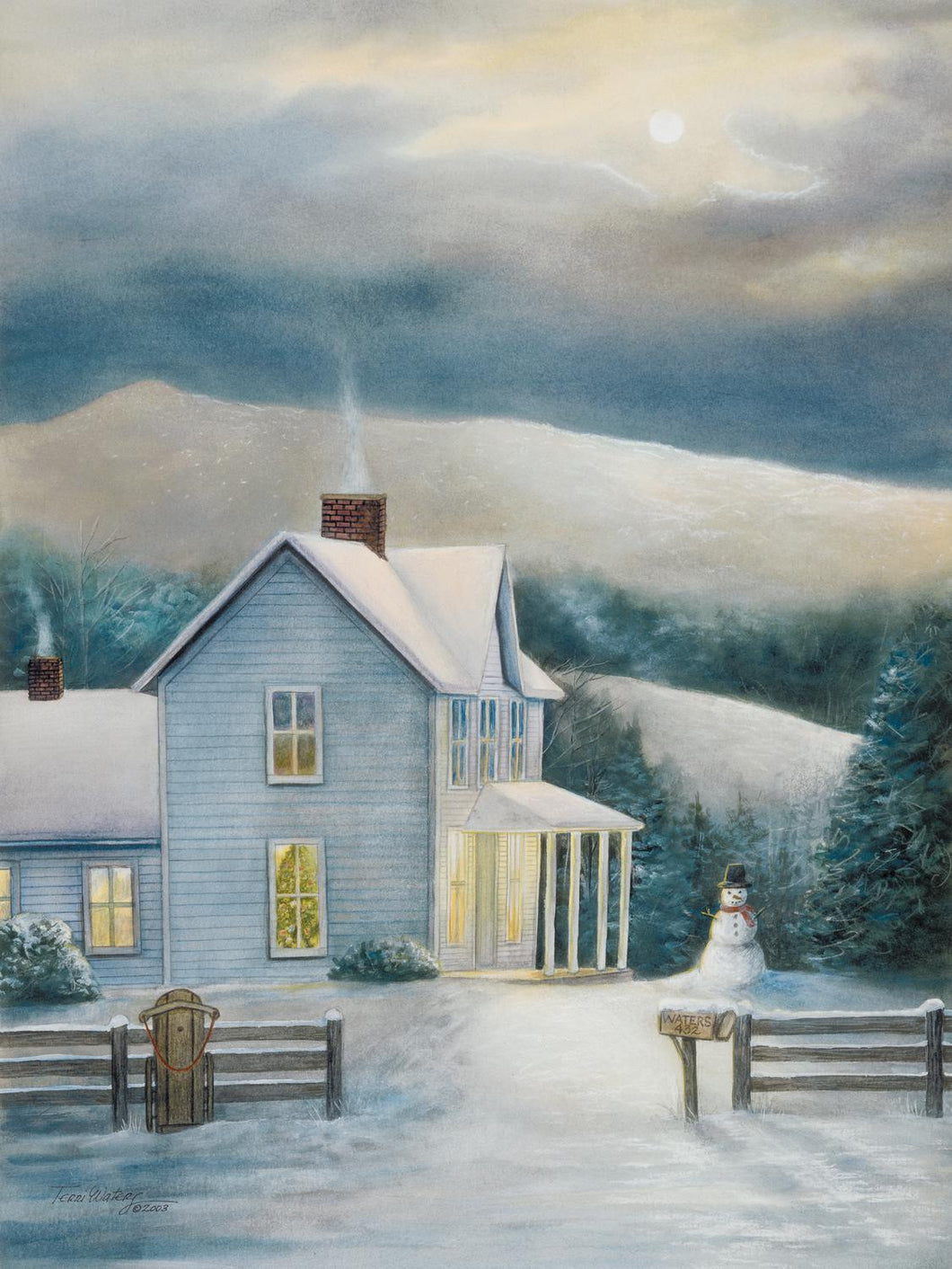A watercolor winter landscape in the foothills of the Smoky Mountains. 