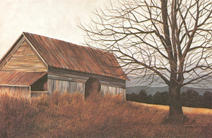 A watercolor landscape of an old barn in the autumn, with the tobacco harvest hanging from its rafters.