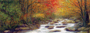 An autumn watercolor landscape of an Elkmont stream.