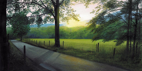 A Smokies watercolor landscape of the waning of the day in the valley of Cades Cove.