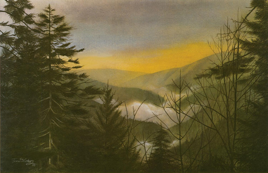 A watercolor landscape of the Smoky Mountains and the rising mists. 