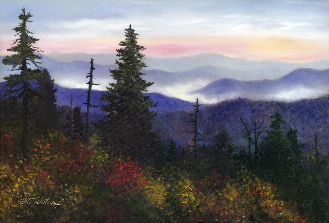 Just a hint of color marks a late summer Smokies landscape, portrayed in oils. 