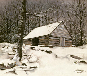 The first Smokies snowfall of the season blankets the Ogle Barn at Junglebrook in this watercolor landscape.