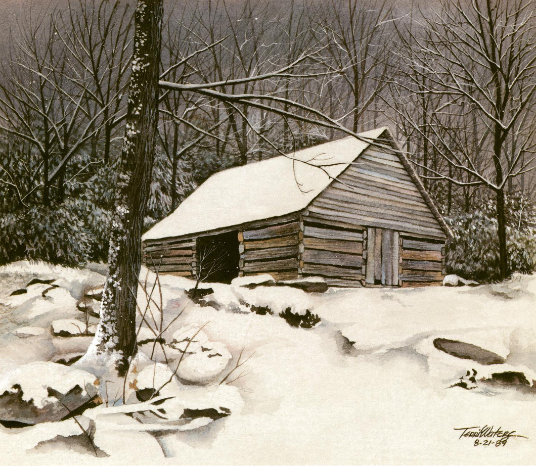 The first Smokies snowfall of the season blankets the Ogle Barn at Junglebrook in this watercolor landscape.