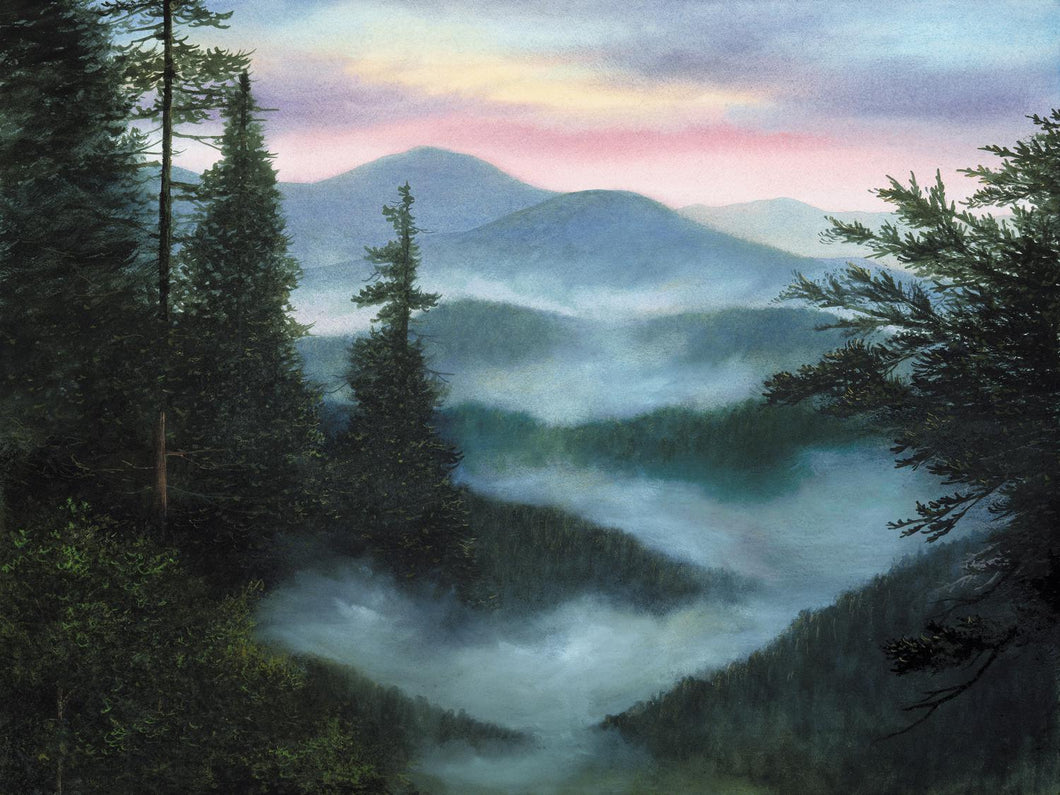 Morning fog lazily drifts among the Smoky Mountains in this watercolor landscape.
