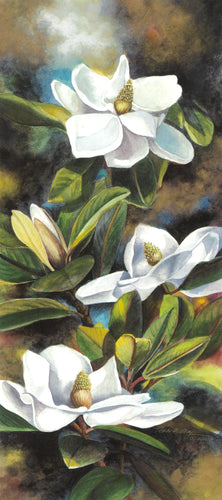 A floral watercolor of Magnolia blossoms is shown here against a deep green background. 