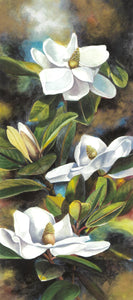 A floral watercolor of Magnolia blossoms is shown here against a deep green background. 