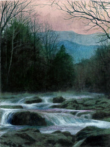 Greenbrier waters in the pale pink dawn of a Smokies winter day, in this watercolor landscape.