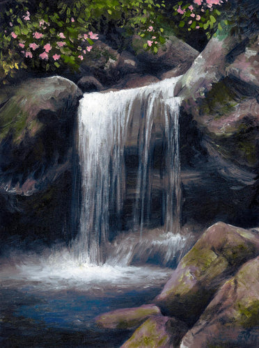 An oil landscape of Grotto Falls in the Great Smokies. 