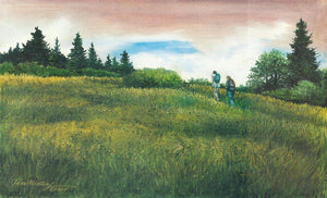 A summer landscape watercolor of hikers on the trail to a Smokies summit.