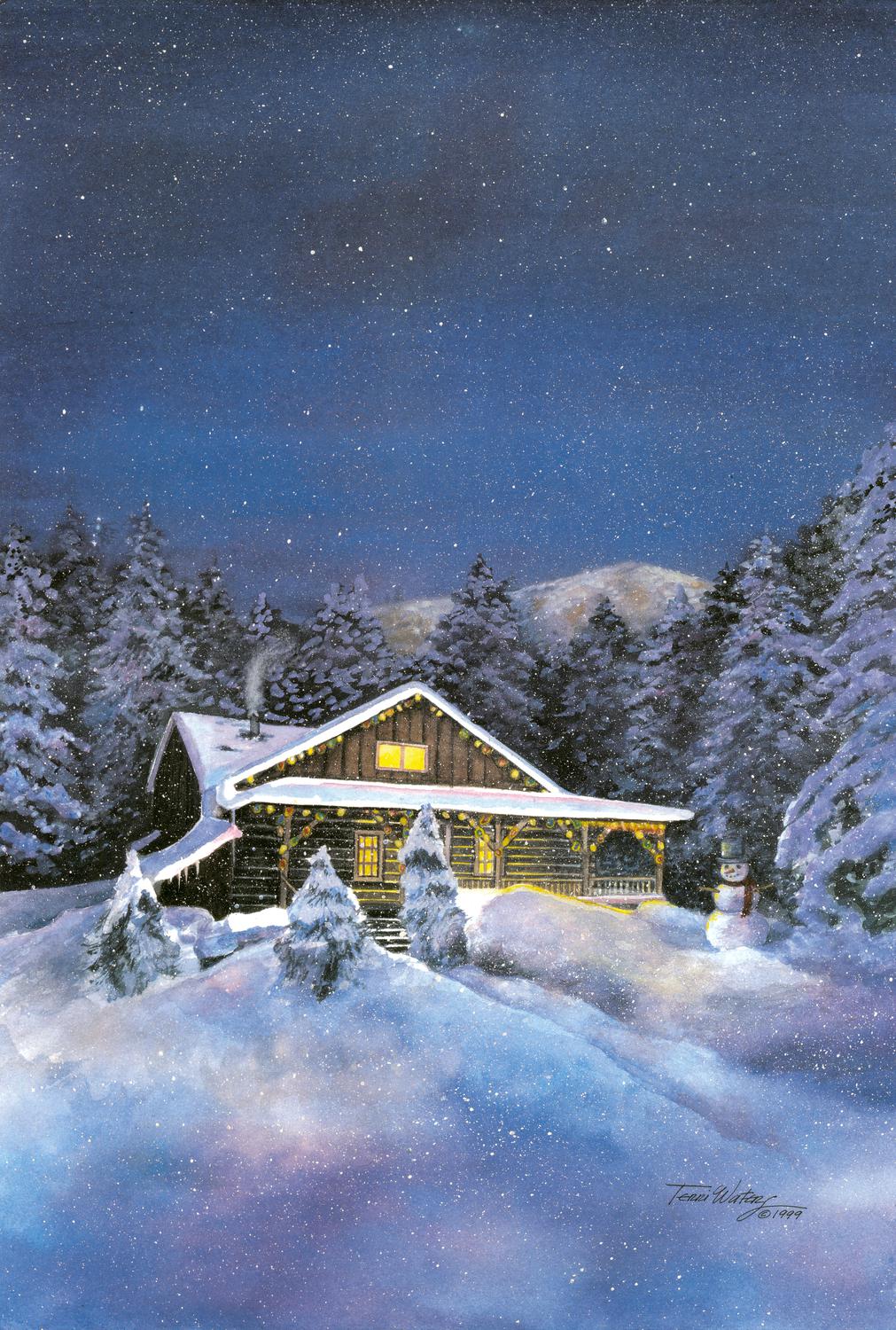 A watercolor landscape of a snowy winter night in the foothills of the Smokies. 