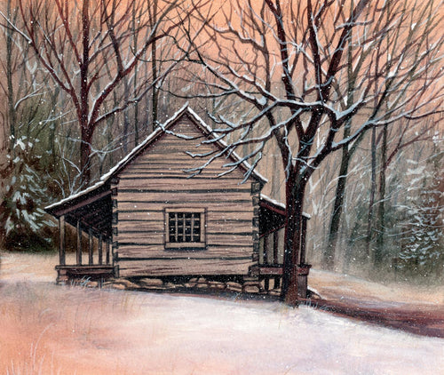 Daybreak brings a pastel glow to the freshly fallen snow in this winter watercolor landscape of the Junglebrook cabin in the Smokies.