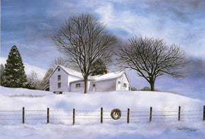 A winter watercolor landscape of a homestead on Buckhorn Road in Gatlinburg. 