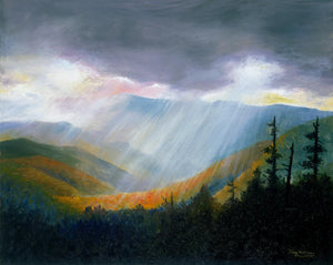 Storm clouds break and sunlight floods the mountains and valleys of this Smokies summer landscape, portrayed in oil.