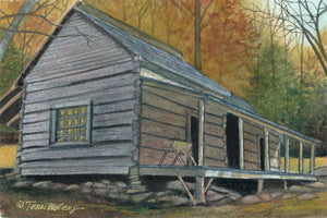 An autumn Smokies landscape, portrayed in watercolor, of the Noah ‘Bud’ Ogle Junglebrook cabin. 