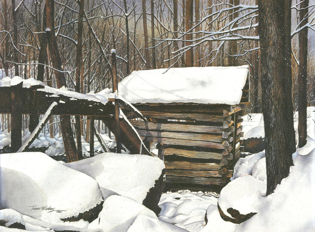 A Smokies winter watercolor landscape of the Junglebrook tubmill.