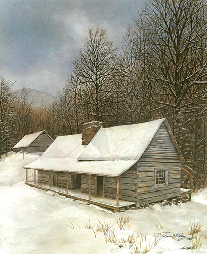 A winter landscape of the Junglebrook house and barn, rendered in watercolor.