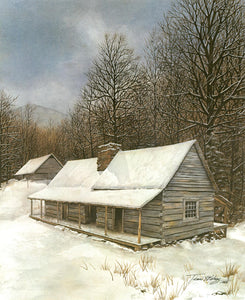 A winter landscape of the Junglebrook house and barn, rendered in watercolor.