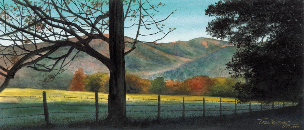 A last sliver of light illuminates a Cades Cove field in this watercolor of a Smokies autumn landscape. 