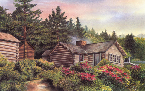 A Smokies summer watercolor landscape of the LeConte Lodge high atop Mt. LeConte.