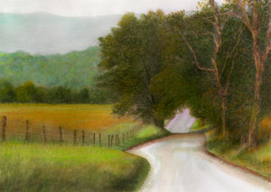 A Smokies watercolor landscape of autumn's beginnings, traveling along a road in Cades Cove. 