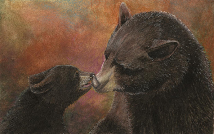 A Smokies wildlife watercolor of a black bear mother and cub.