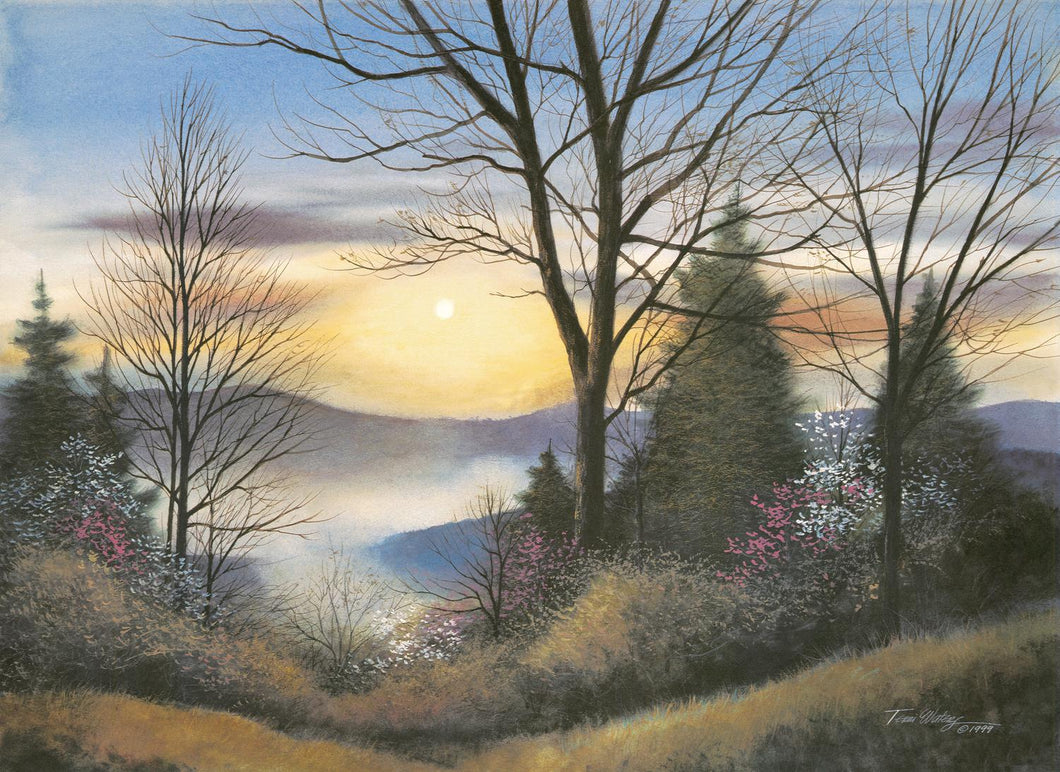A spring watercolor landscape of a new day in the Smoky Mountains.