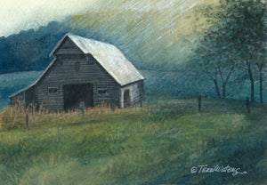 A Smoky Mountain landscape in watercolor of an old barn drenched in morning light.
