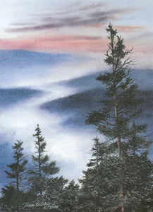 A high mountain Smokies landscape, portrayed in watercolor. 