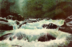 A Smoky Mountain landscape portraying the waters of the Greenbrier River. Watercolor.