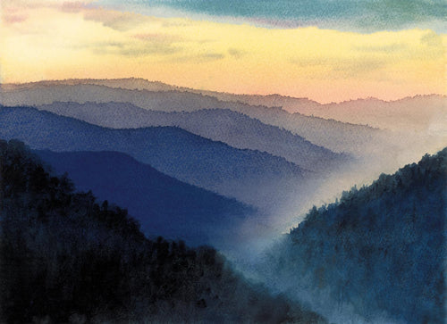 A Smoky Mountain landscape watercolor of the beauty in a mountain tapestry at dawn. 