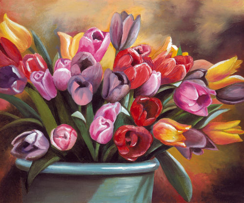 A beautiful floral bouquet of multi-colored tulips, created in oils to celebrate springtime.