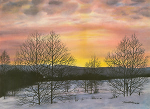 A winter landscape, created in watercolor, of a Cades Cove nightfall in the Smokies.