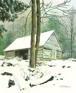 A winter Smokies landscape in watercolor of the Ogle Barn on the Noah ‘Bud' Ogle homestead. 