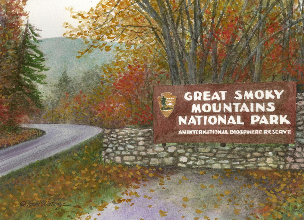 An autumn landscape, created in watercolor, of the park sign at the Gatlinburg Parkway entrance to the Smoky Mountains.