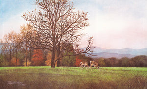 An October afternoon landscape, in watercolor, of deer grazing in the peaceful fields of Cades Cove.