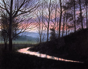 A Cades Cove watercolor landscape of a Smokies evening. 